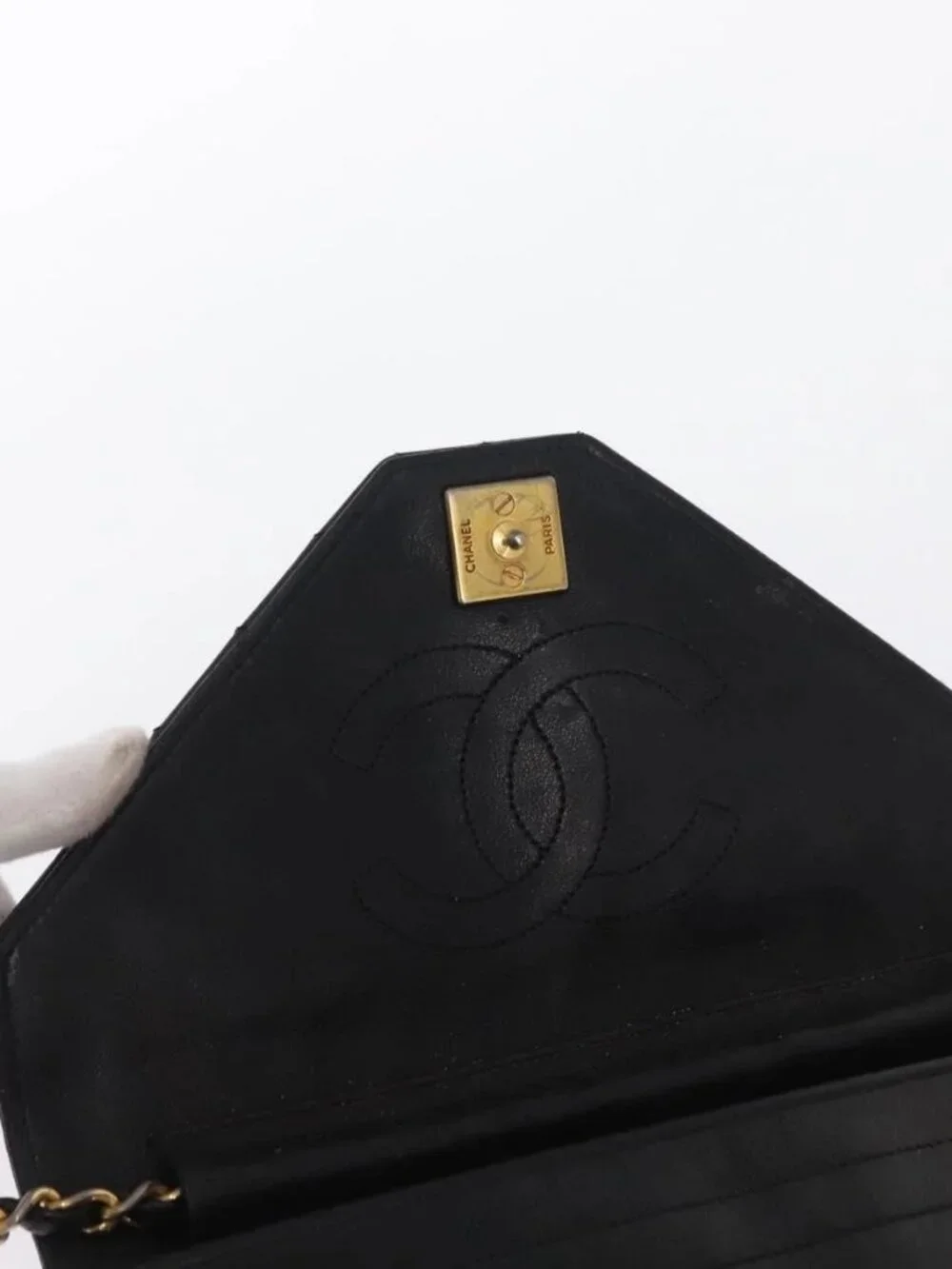 CHANEL Mademoiselle Chain Shoulder Bag Lamb Skin Black Gold CC Auth bs21196